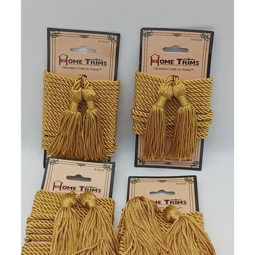 Set Lot of 4 Gold Colored Tassels 9 Foot Cord Home Trims Hosley Decorative Craft